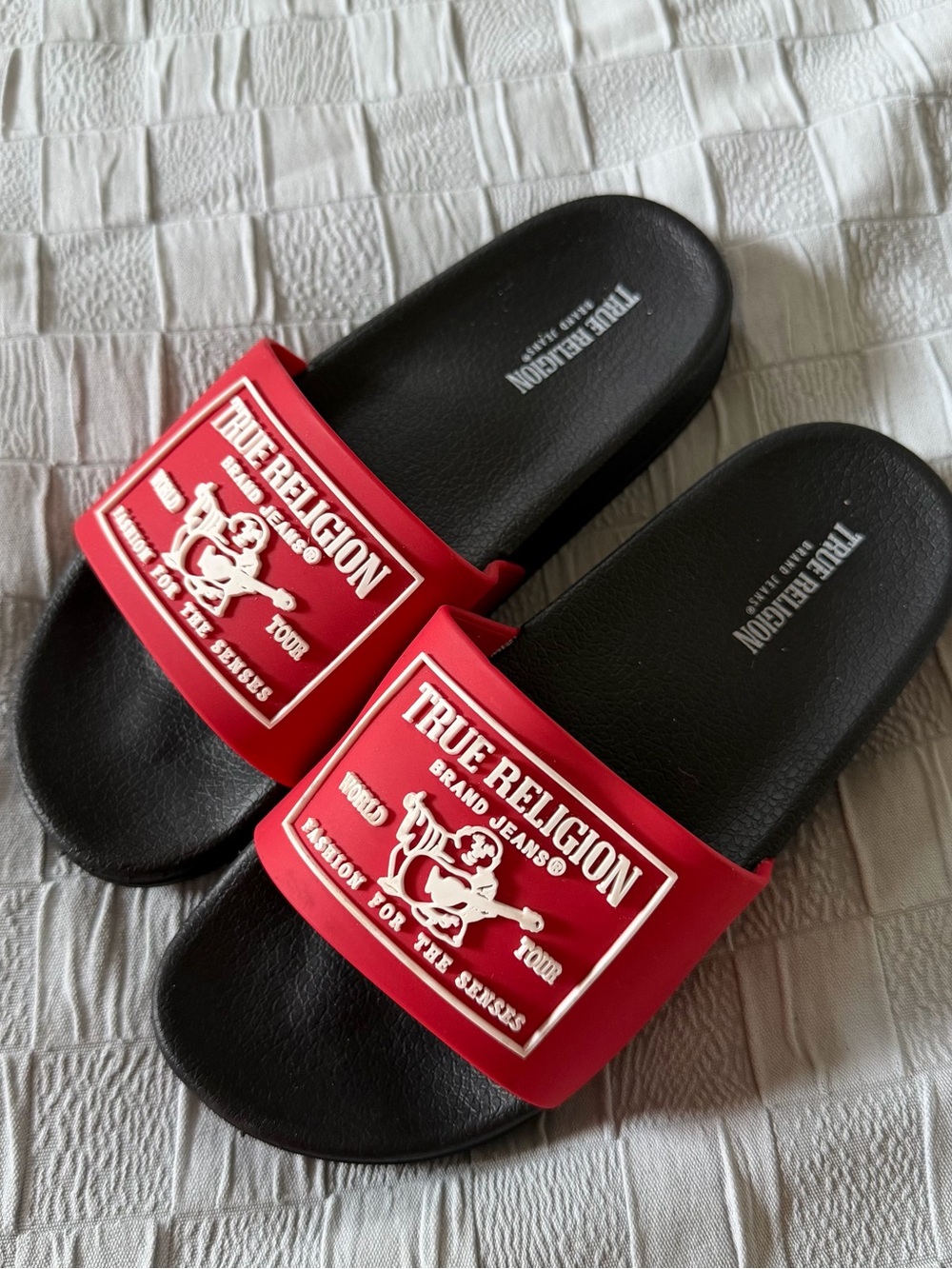 True Religion Red and Black Logo Slide Sandals
